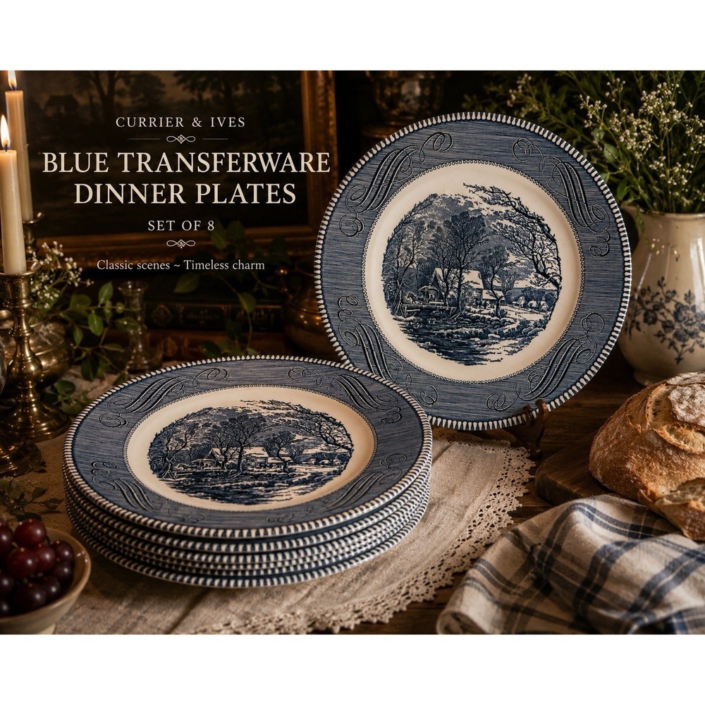 Set of 8 Currier & Ives Old Grist Mill Dinner Plates Royal USA Blue Transferware